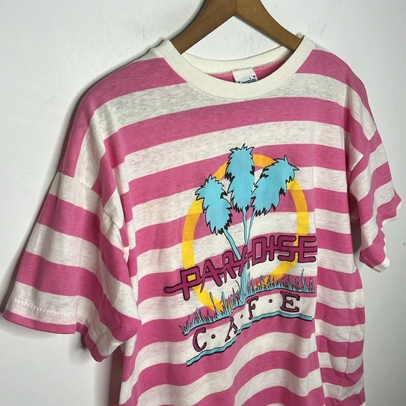 Single Stitch 80s 90s Vintage Paradise Cafe Striped Nautical Graphic T Shirt - Picture 3 of 11